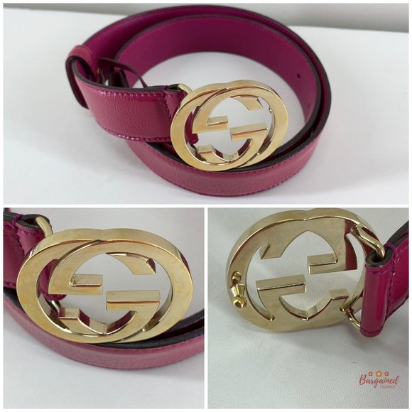 Authentic GUCCI Pink Rose Coated Calfskin Leather GG Interlocking Belt 75/30 - Picture 5 of 13